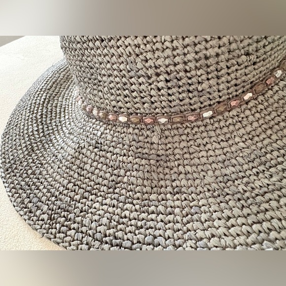 Marc Cain Taupe Raffia Straw Sun Hat Beaded Band Made in Italy - Picture 4 of 5